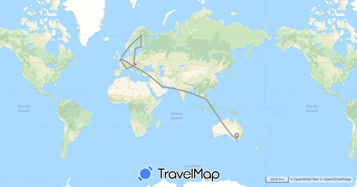 TravelMap itinerary: driving, bus, plane, train in Austria, Australia, Finland, France, United Kingdom, Croatia, Hungary, Qatar, Sweden, Vietnam (Asia, Europe, Oceania)